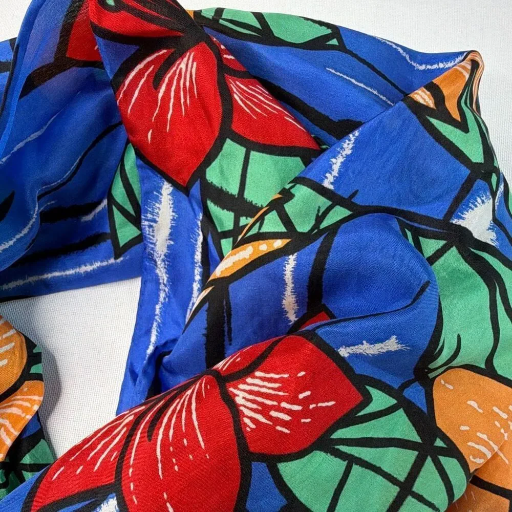 ECHO Vintage Silk Scarf Bold Stained Glass Flower Pattern.  Hand Rolled